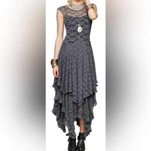 R.Vivimos Sleeveless Backless Asymmetrical Layered Lace Long Dress with Slip, S